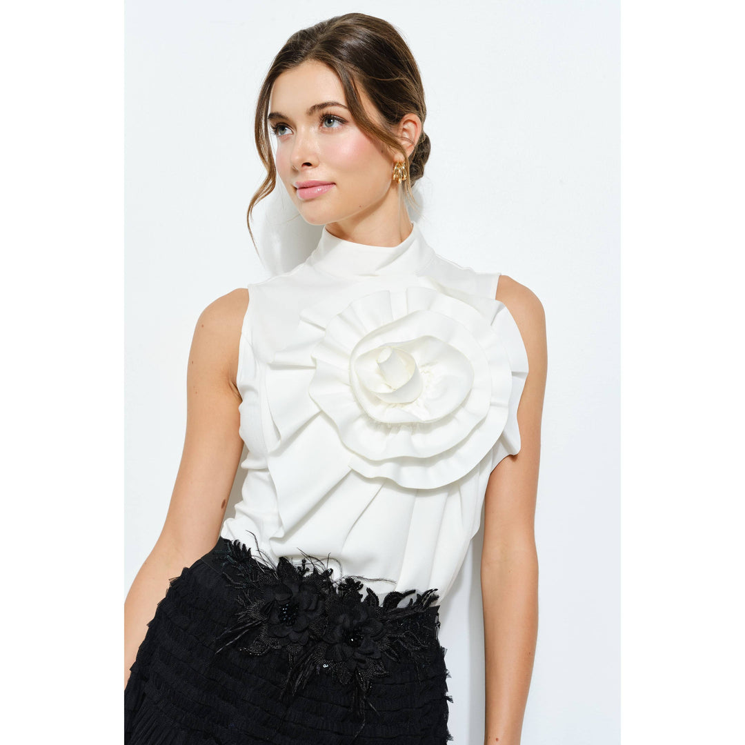 Floral Applique Pleated High-Neck Top