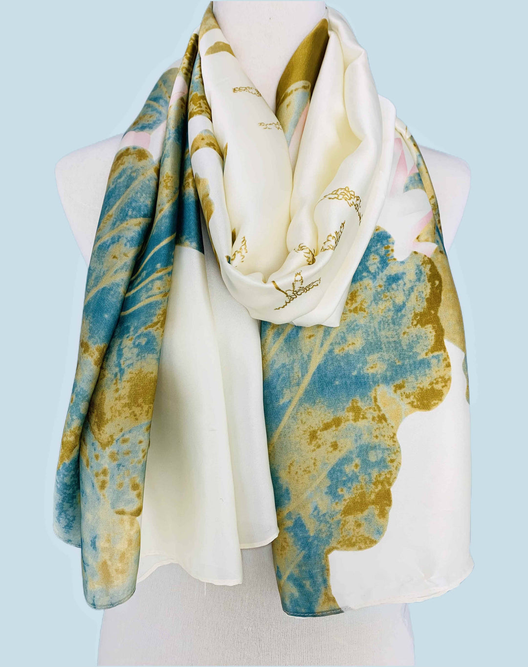 Silk-Feeling Lotus Floral & Leaf Scarf