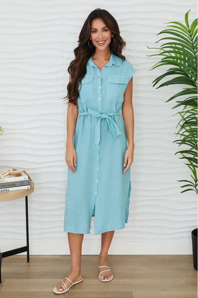 Sleeveless Button Down Linen Dress w/Tie Belt