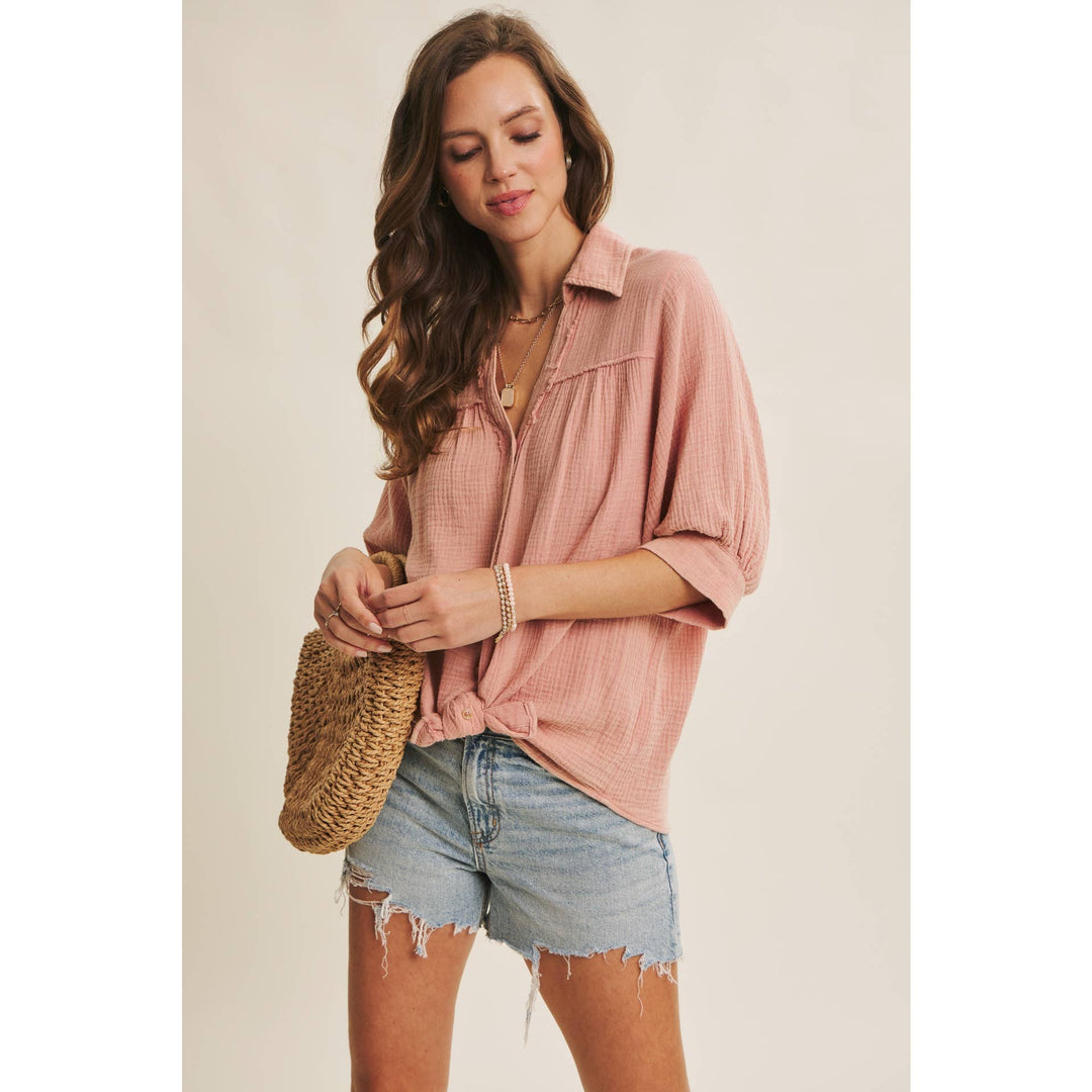 Breathable Mineral Washed Cotton Gauze Button Down Shirt