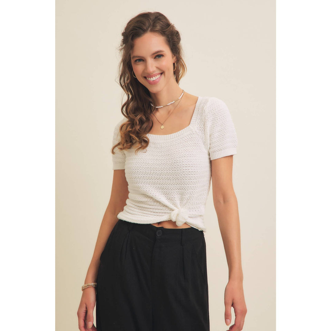 Square Neck Cotton Sweater with Special Weaving