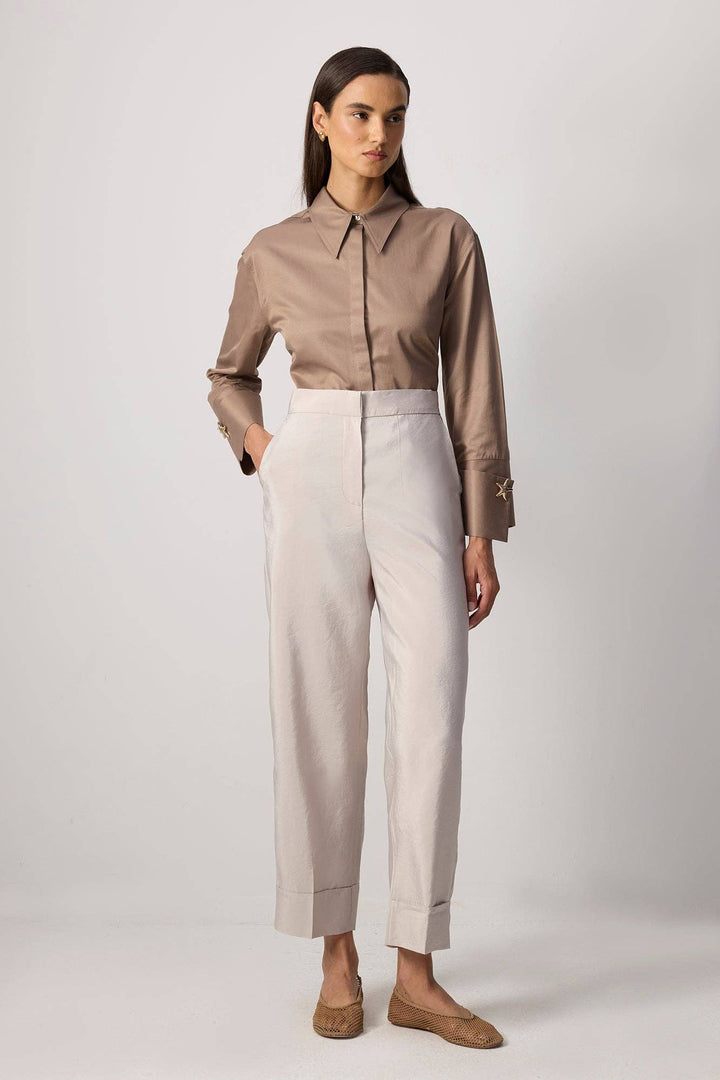 Cupro-Look Wide-Leg Pants with Cuffed Hem