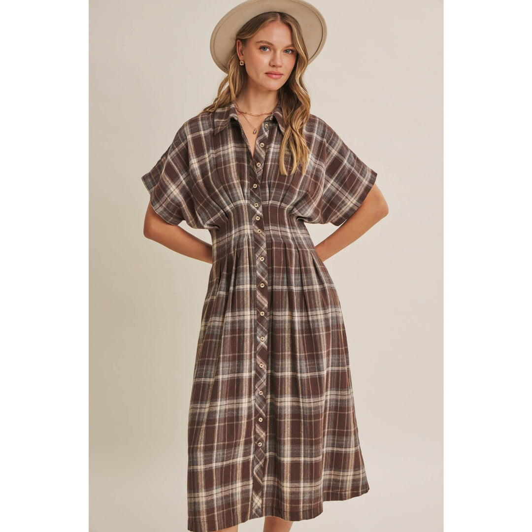 Rustic Pathway Pin-Tucked Waist Plaid Transition Dress