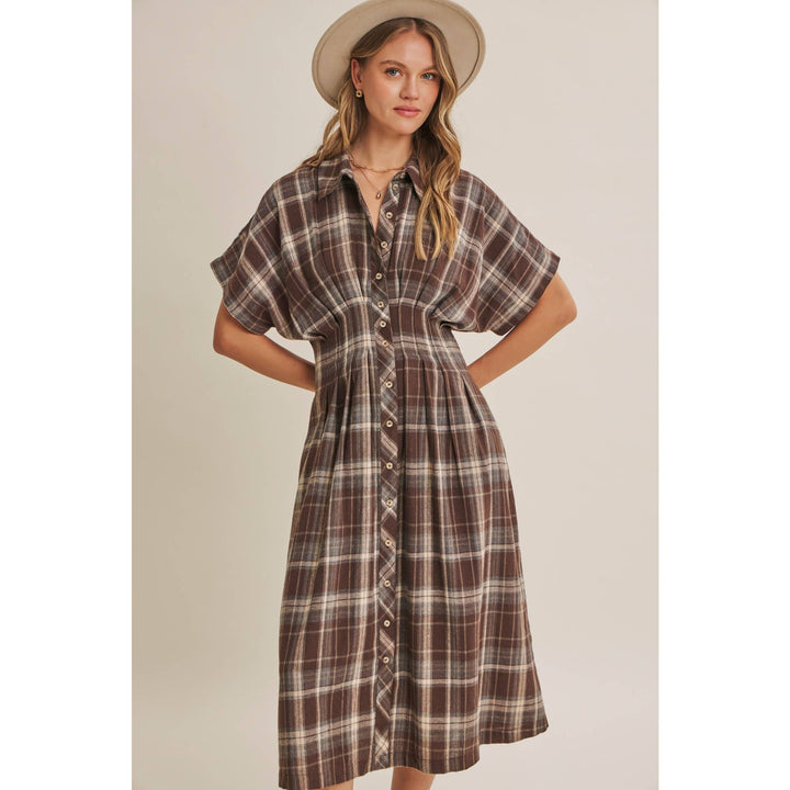Rustic Pathway Pin-Tucked Waist Plaid Transition Dress