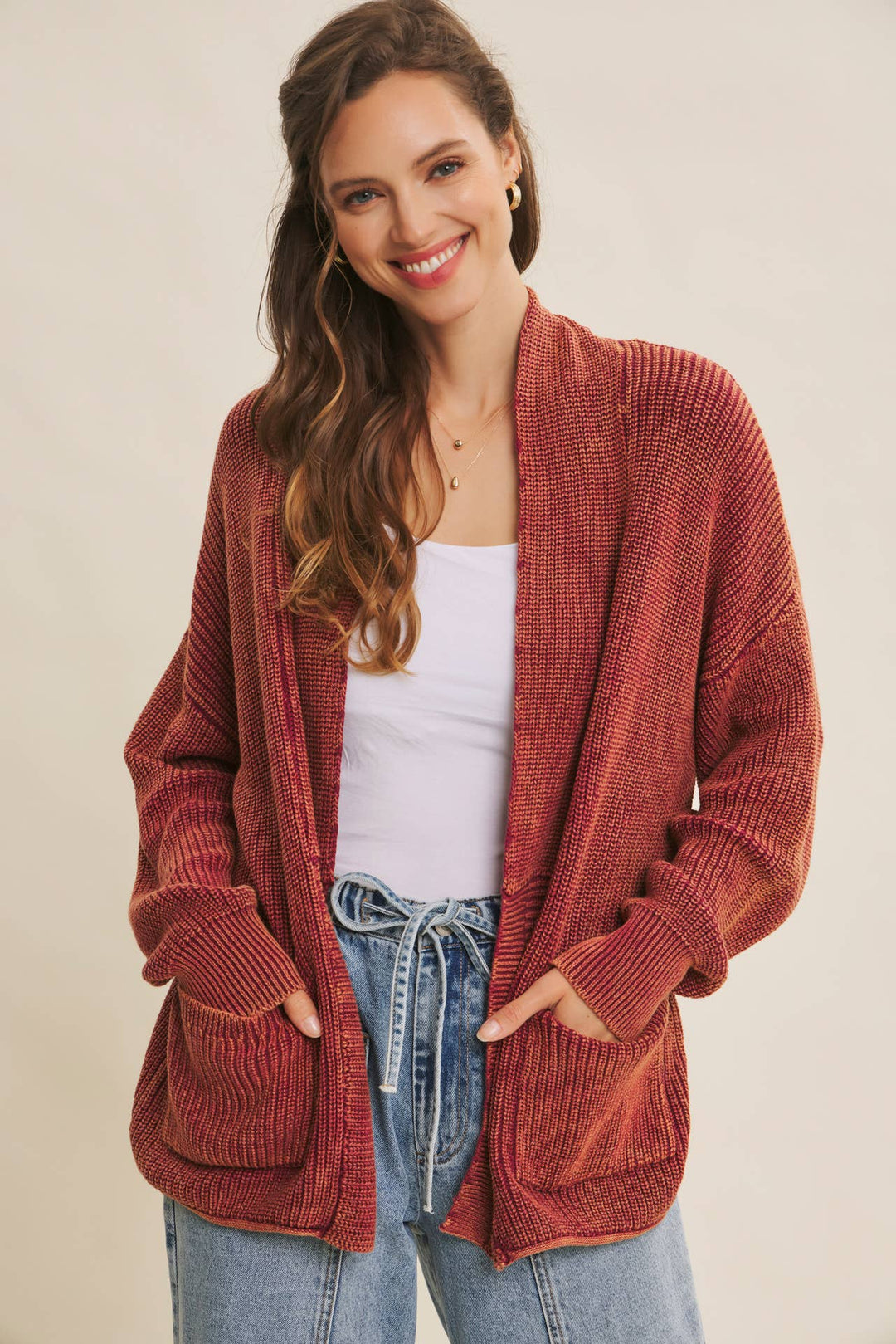 Mineral-Washed Open Front Cotton Sweater Cardigan