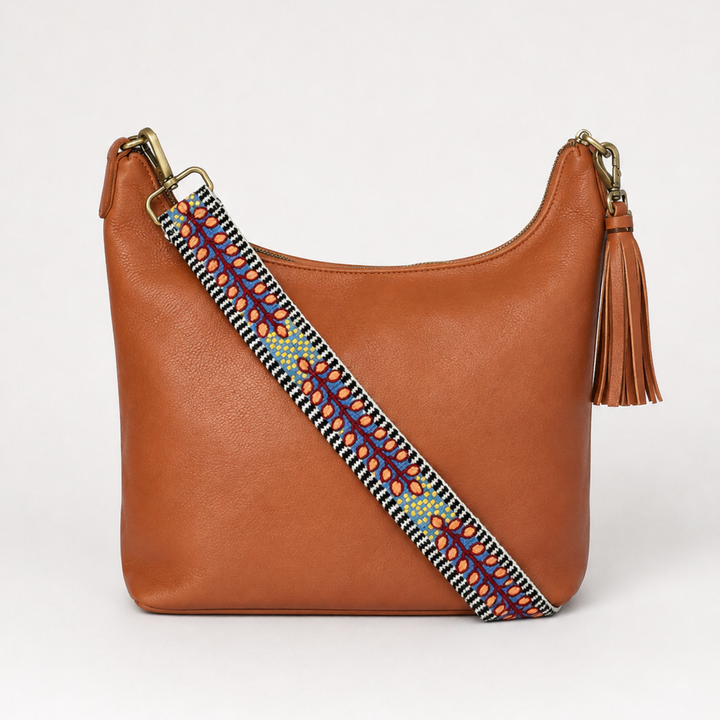 Tierra y Cielo Boho Leather Crossbody with Embroidered Strap