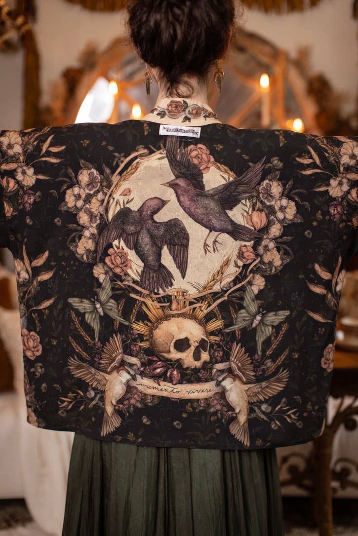 Momento Pixie Duster Crop Kimono w/ Floral, Starling & Skull