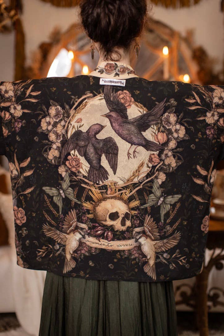 Momento Pixie Duster Crop Kimono w/ Floral, Starling & Skull