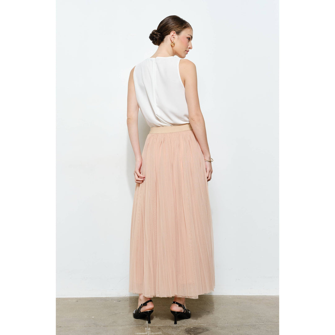Chic Mesh Sheer Pleated Tulle Maxi Skirt
