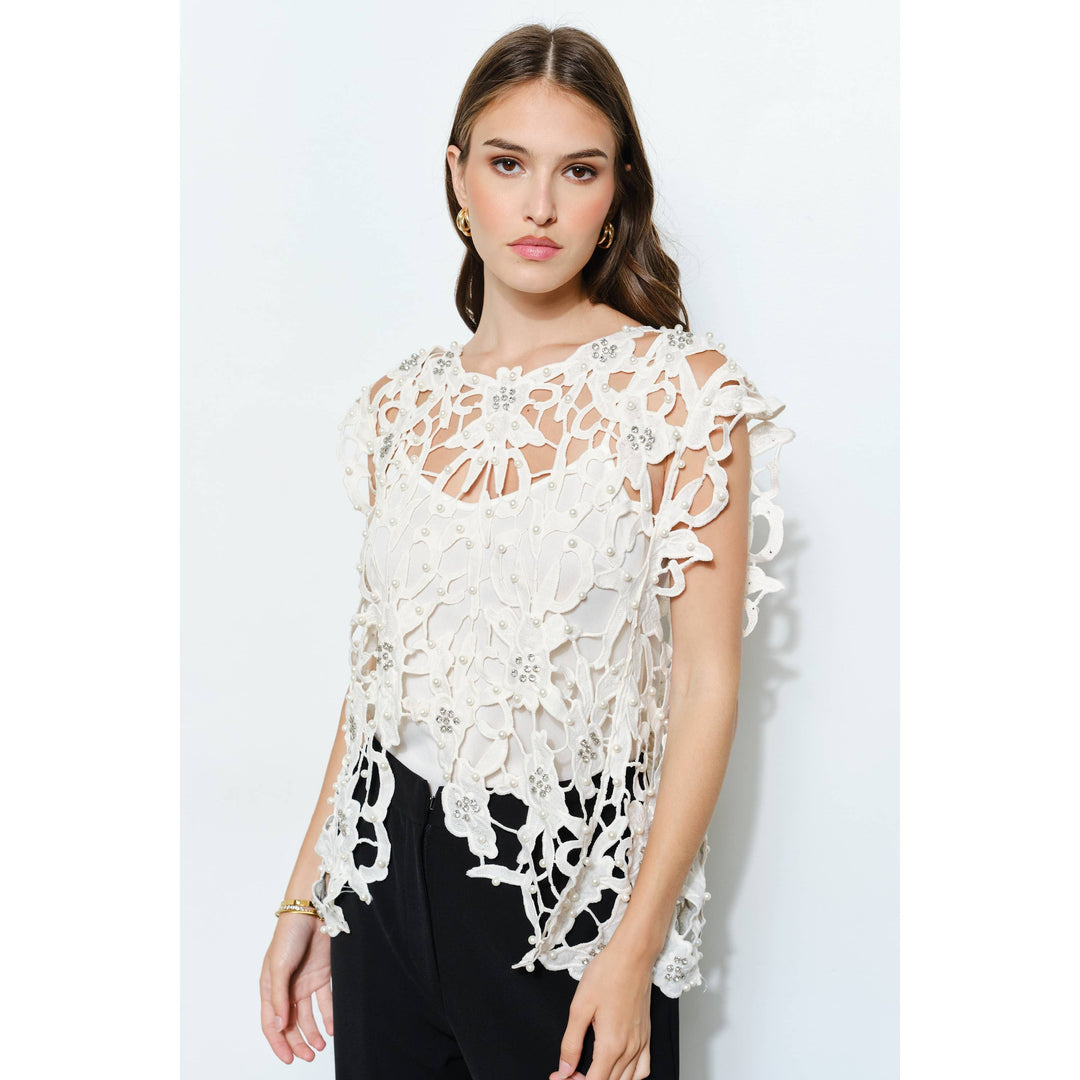 Pearl Rhinestone Embellished Lace Cutout Top