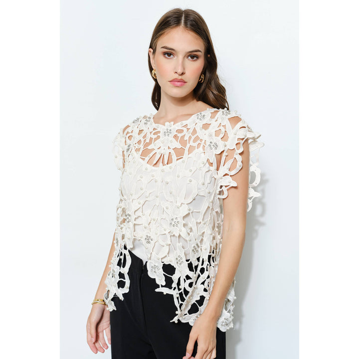 Pearl Rhinestone Embellished Lace Cutout Top