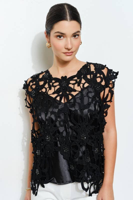 Pearl Rhinestone Embellished Lace Cutout Top