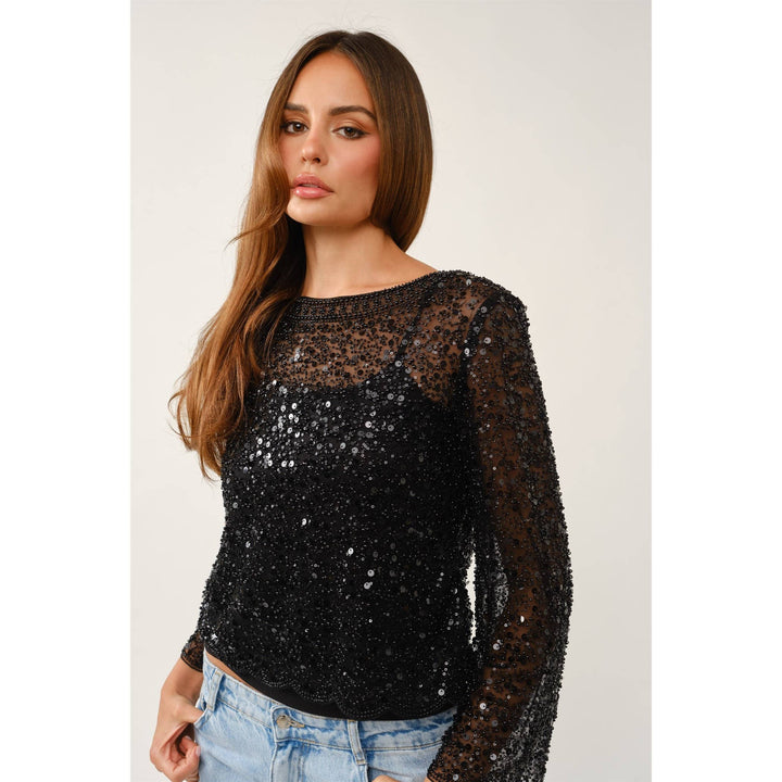 Fully Embellished Sequin & Pearl Scalloped Mesh Top