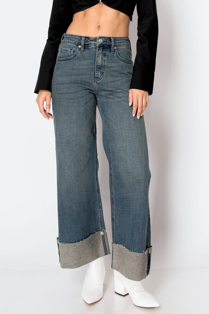 Tummy Control High Rise Cuffed Wide Leg Jean