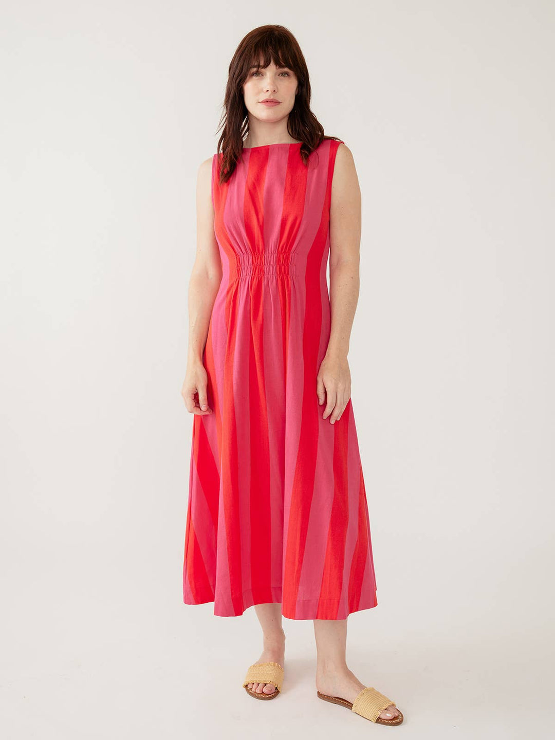 Artsy Traveler Sleeveless Midi Dress Pink Red Linen Cotton