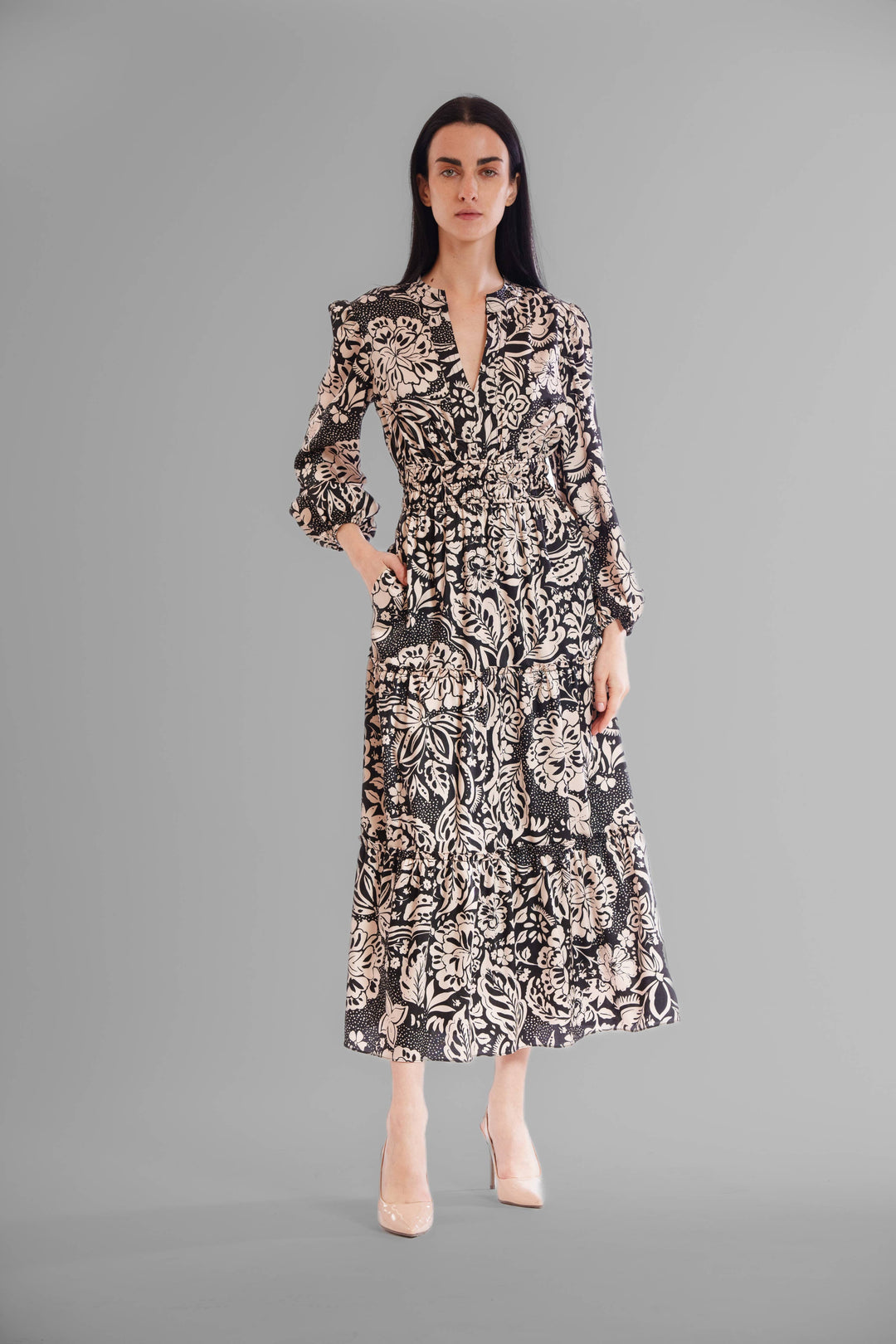Long Sleeve V-Neck Elastic Waist Tiered Dress