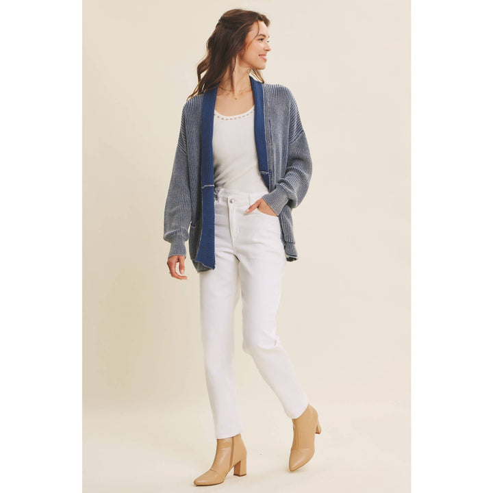 Mineral-Washed Open Front Cotton Sweater Cardigan