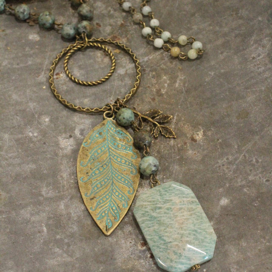 Verdigris Leaf & Beaded Stone Pendant Drop Necklace