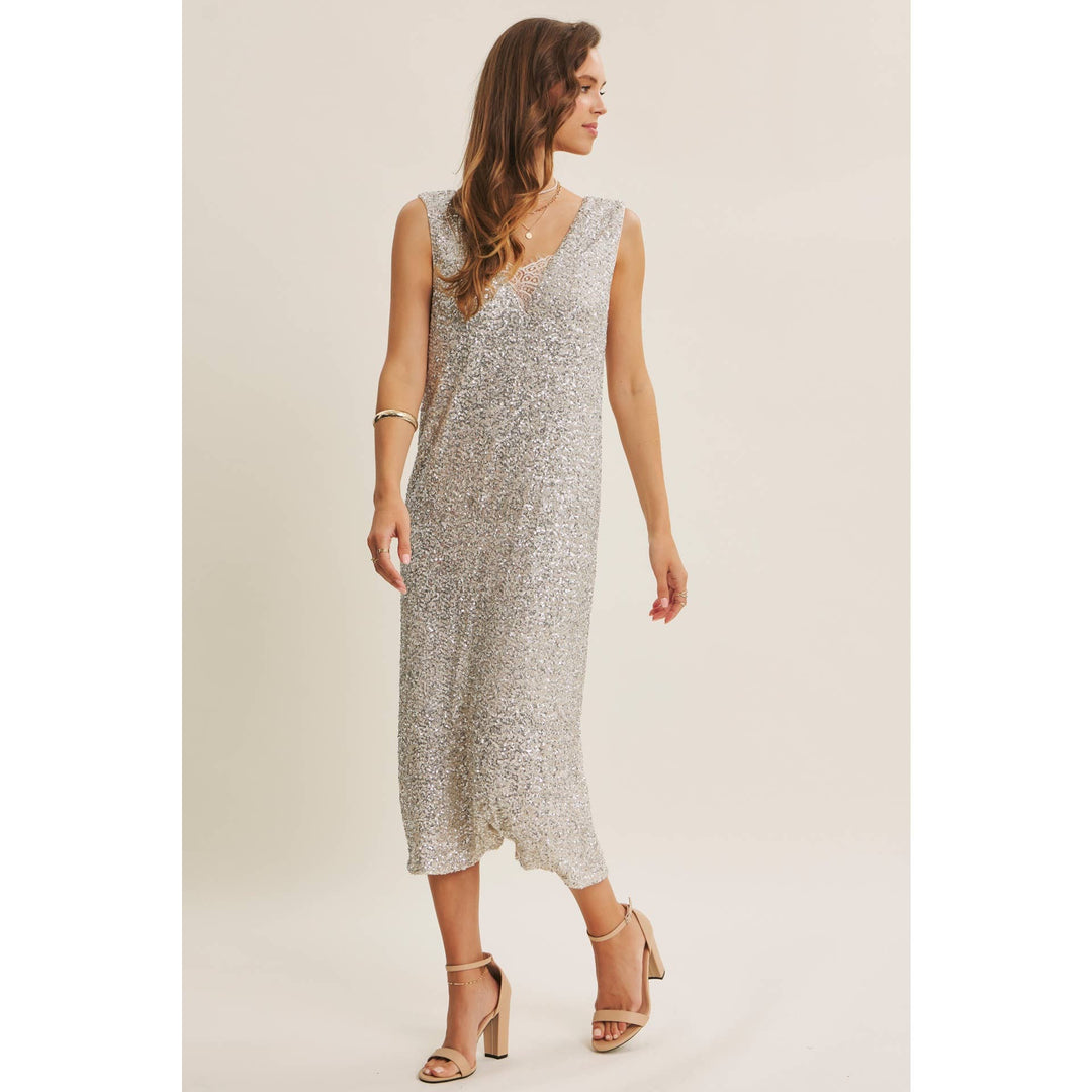 Shimmering Champagne Sequin Lace-Insert Midi Dress