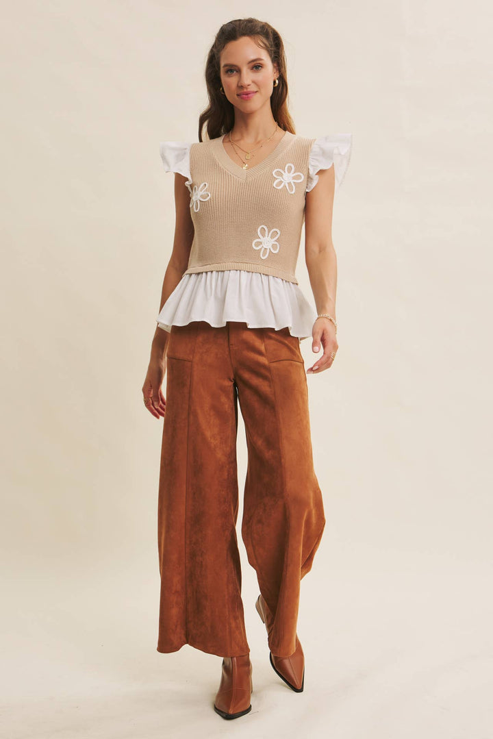 Easy to Love Embroidery Ruffle-Sleeve Mixed Sweater Top