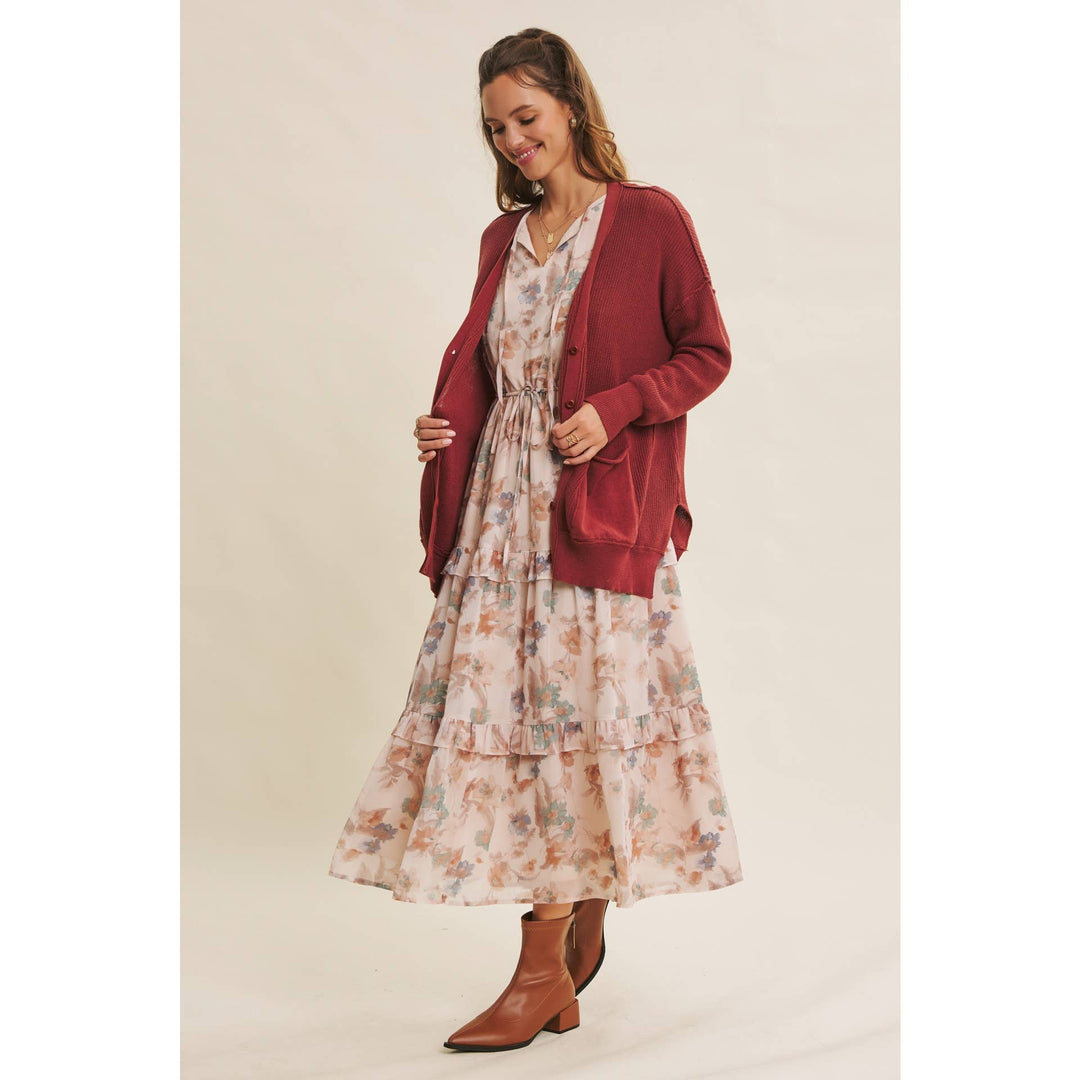 Slouchy Charm Button-Down Cardigan With Contrast Weave