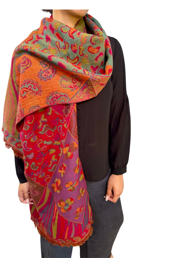 Reversible Merino Boiled Wool Shawl Fuchsia Multicolor