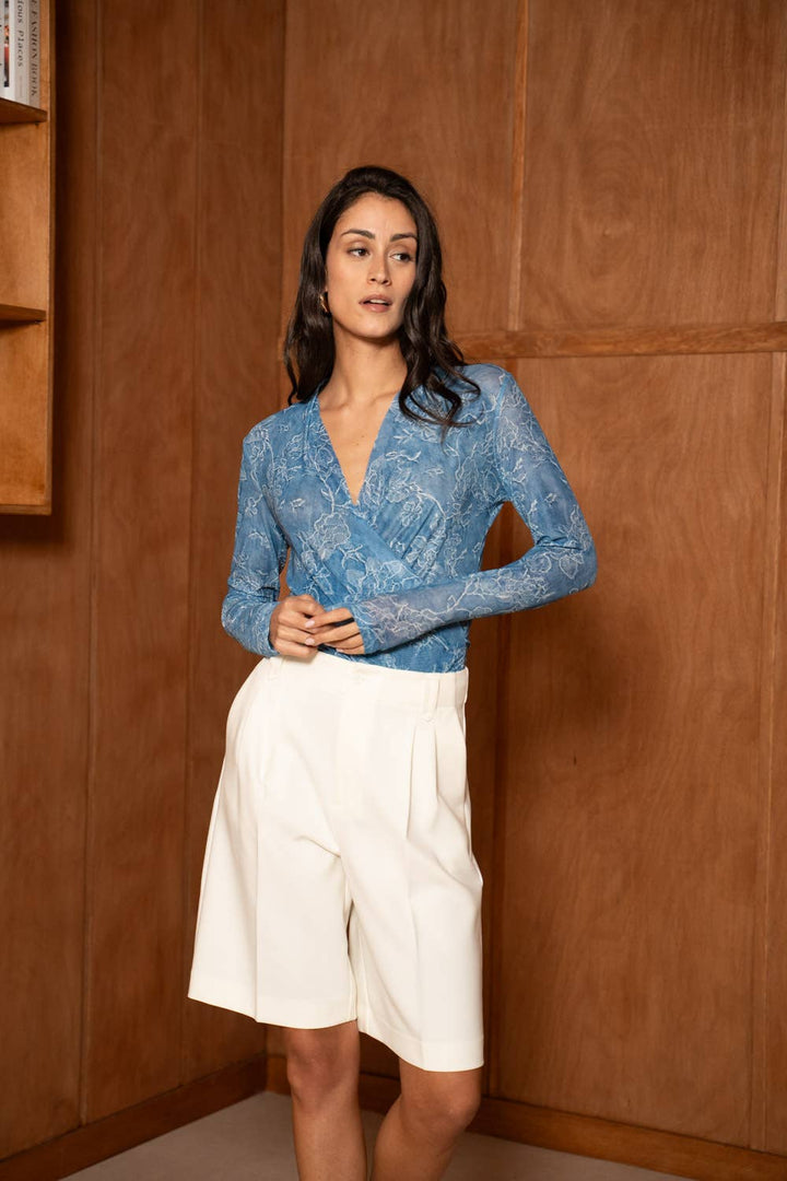 Printed Mesh Wrap Top