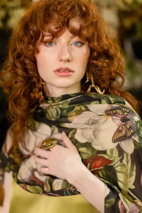 Fleur De Lune Scarf with Floral Print & Bees