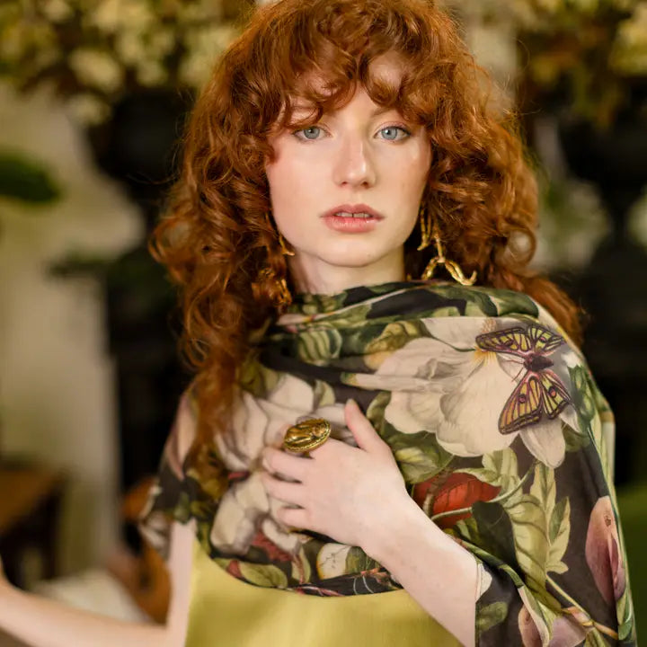 Fleur De Lune Scarf with Floral Print & Bees