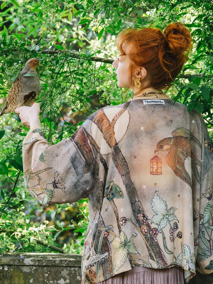Lovelight Pixie Cropped Kimono w/ Woodland Swallow & Stars