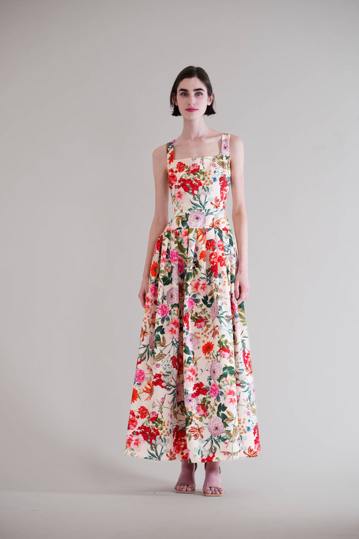 Square Neck Drop Waist W/Pleated Long Dress
