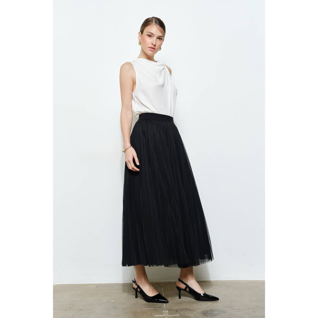 Chic Mesh Sheer Pleated Tulle Maxi Skirt