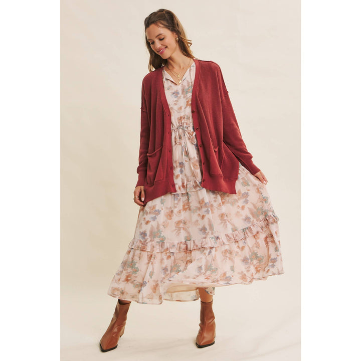 Slouchy Charm Button-Down Cardigan With Contrast Weave