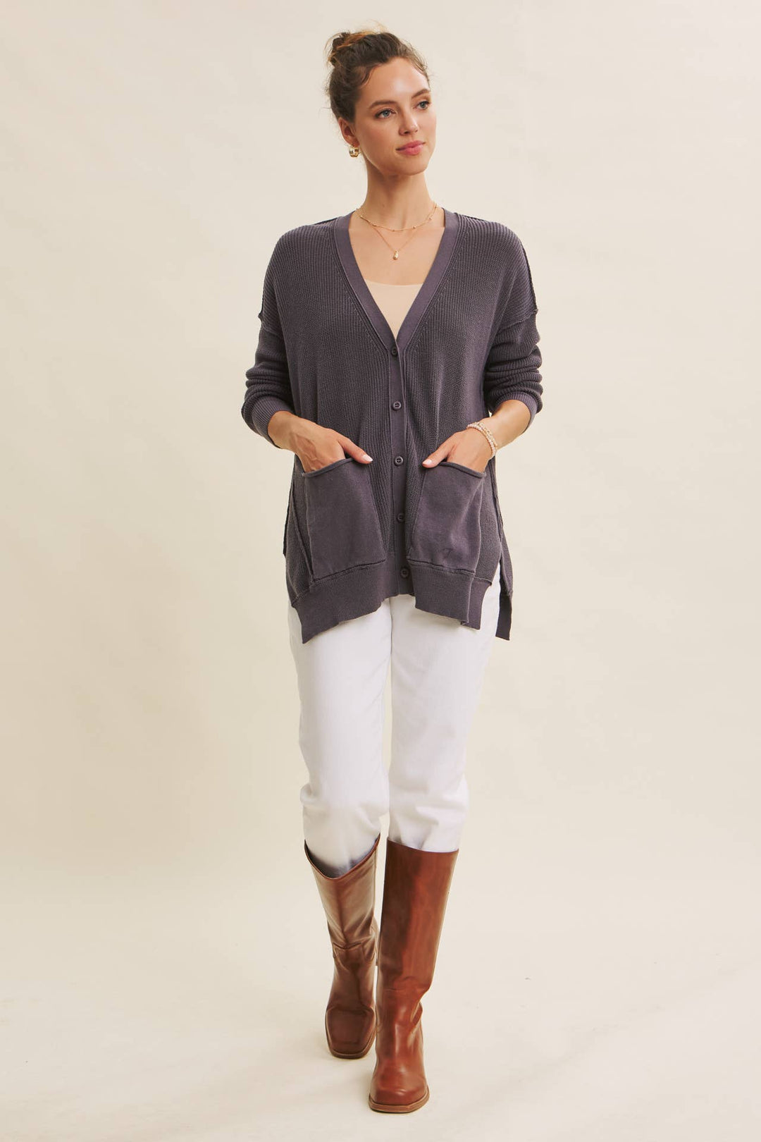 Slouchy Charm Button-Down Cardigan With Contrast Weave