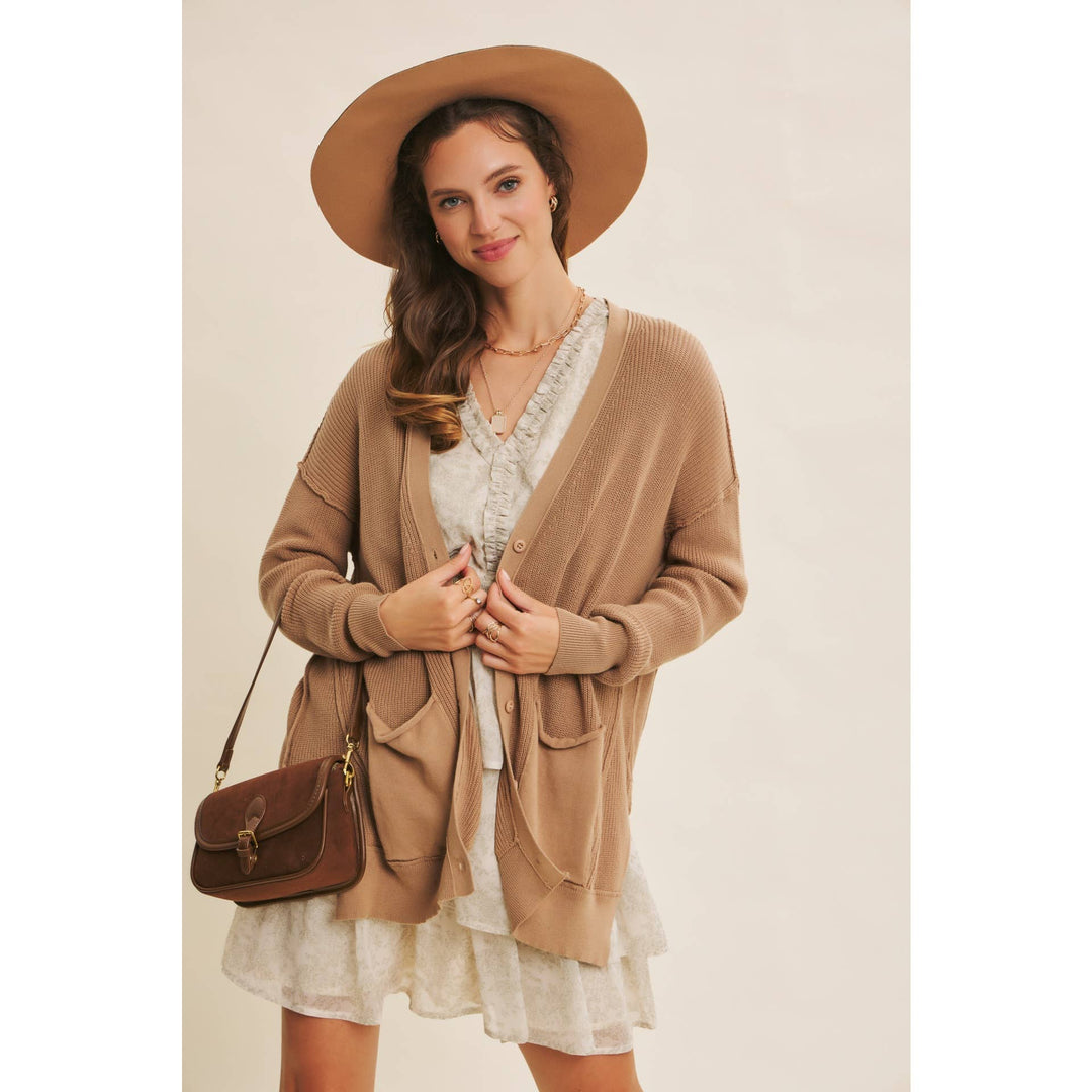 Slouchy Charm Button-Down Cardigan With Contrast Weave