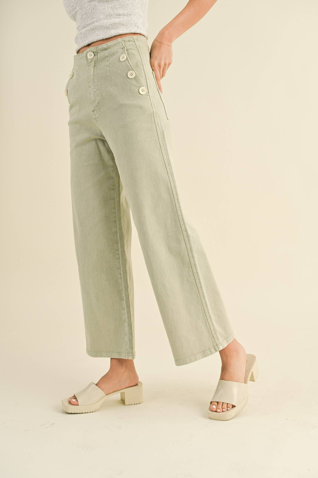 Washed Cotton Button Detailed Pants