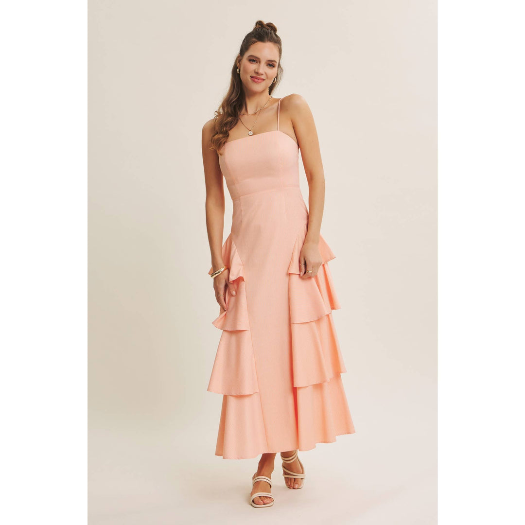 Clean Lines Meets Playful Side-Tiered Ruffle Maxi Dress