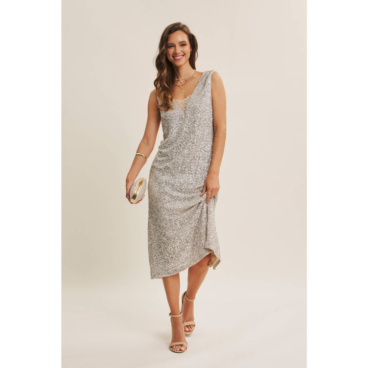 Shimmering Champagne Sequin Lace-Insert Midi Dress