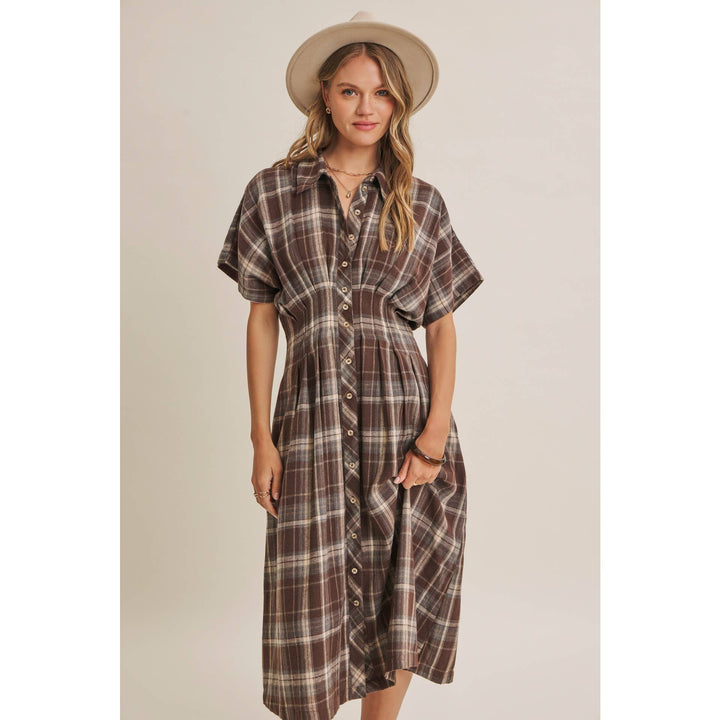 Rustic Pathway Pin-Tucked Waist Plaid Transition Dress