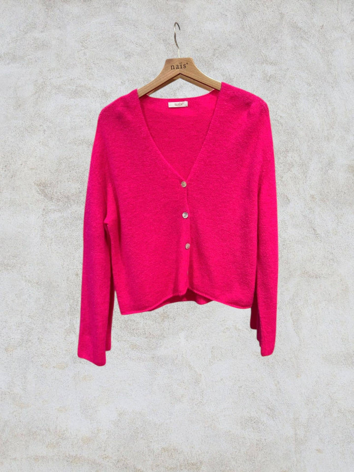 Short buttoned V-neck Cardigan in Alpaca and Wool