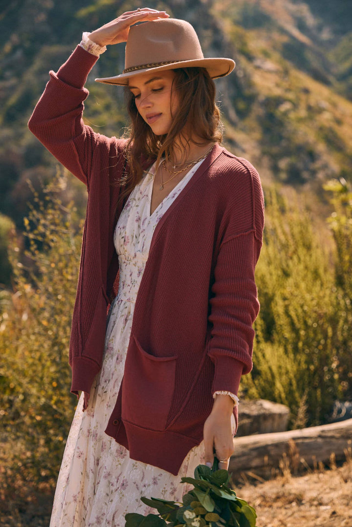 Slouchy Charm Button-Down Cardigan With Contrast Weave
