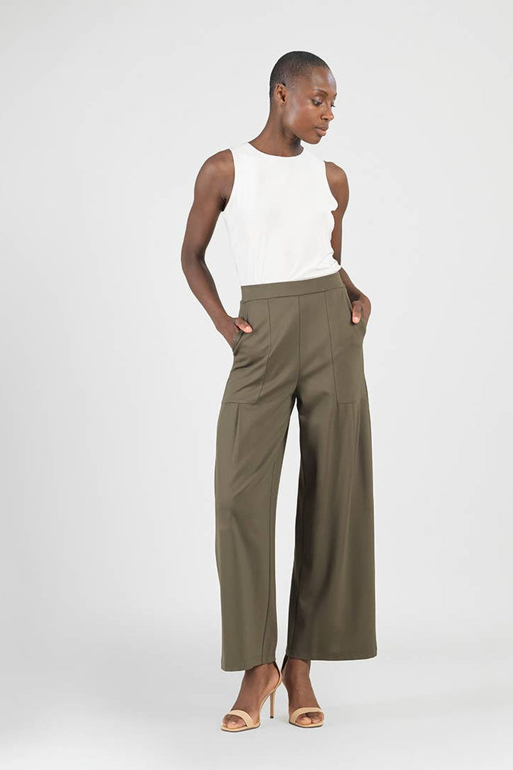 Rayon-Ponte Knit - Pleated Wide Leg Pocket Pant