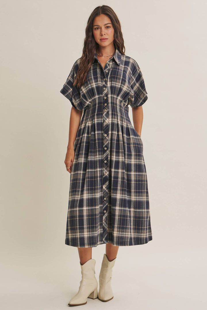 Rustic Pathway Pin-Tucked Waist Plaid Transition Dress