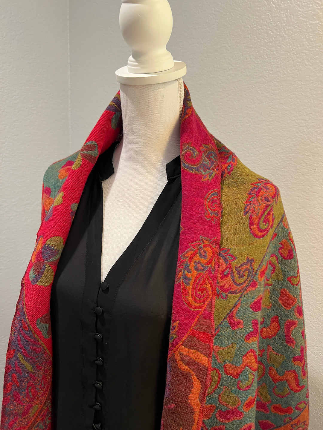 Reversible Merino Boiled Wool Shawl Fuchsia Multicolor