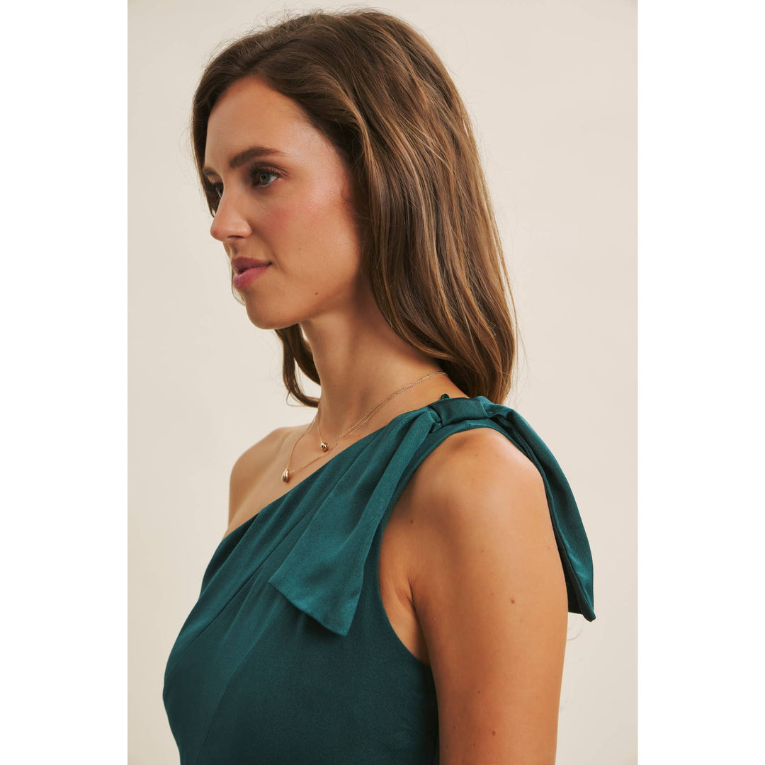 Holiday Glam One-Shoulder Midi Dress with Slanted Seamwork