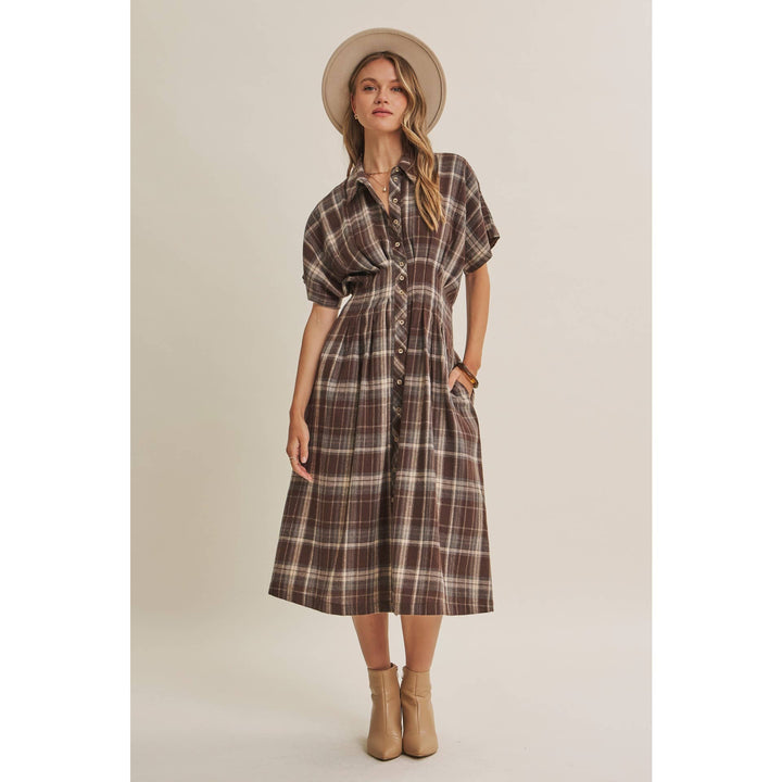 Rustic Pathway Pin-Tucked Waist Plaid Transition Dress