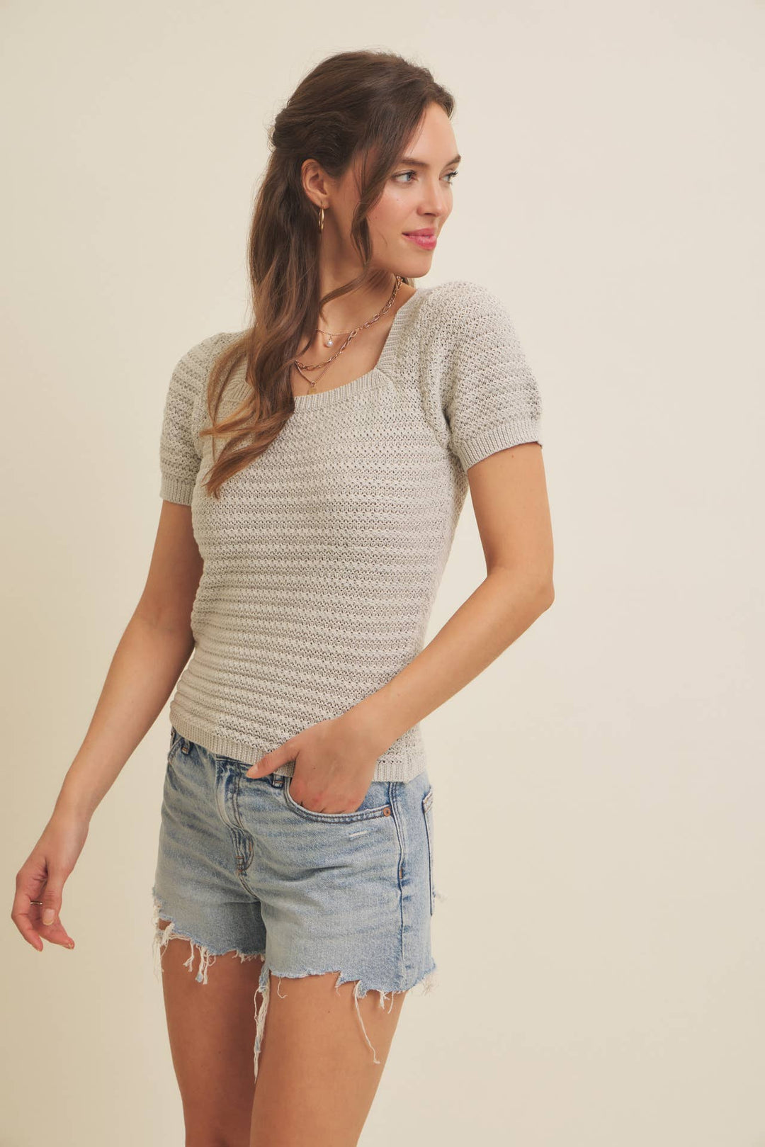 Square Neck Cotton Sweater with Special Weaving
