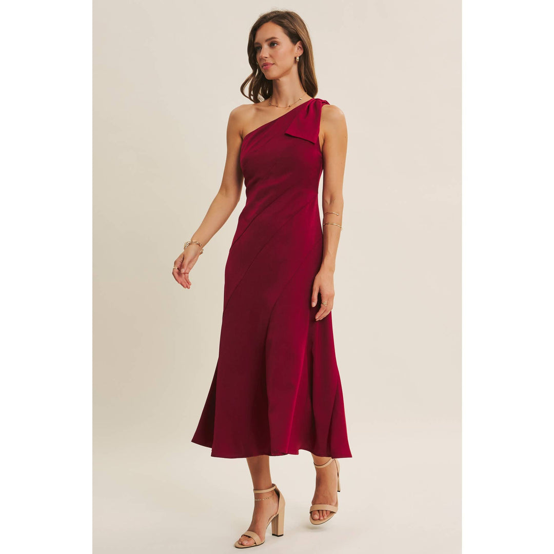 Holiday Glam One-Shoulder Midi Dress with Slanted Seamwork
