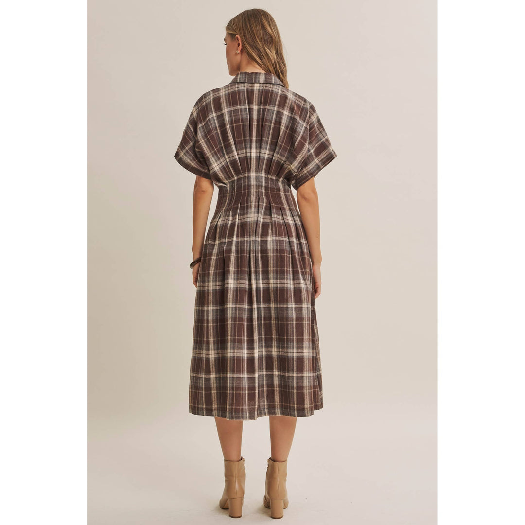 Rustic Pathway Pin-Tucked Waist Plaid Transition Dress