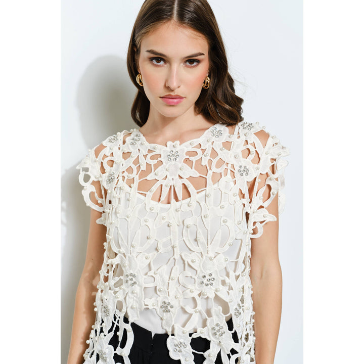 Pearl Rhinestone Embellished Lace Cutout Top